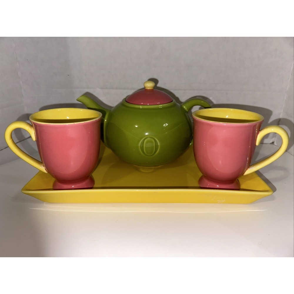 Tea Set Teapot Two Mugs & Tray Green Pink Yellow Color Block 4pc Oprah Winfrey